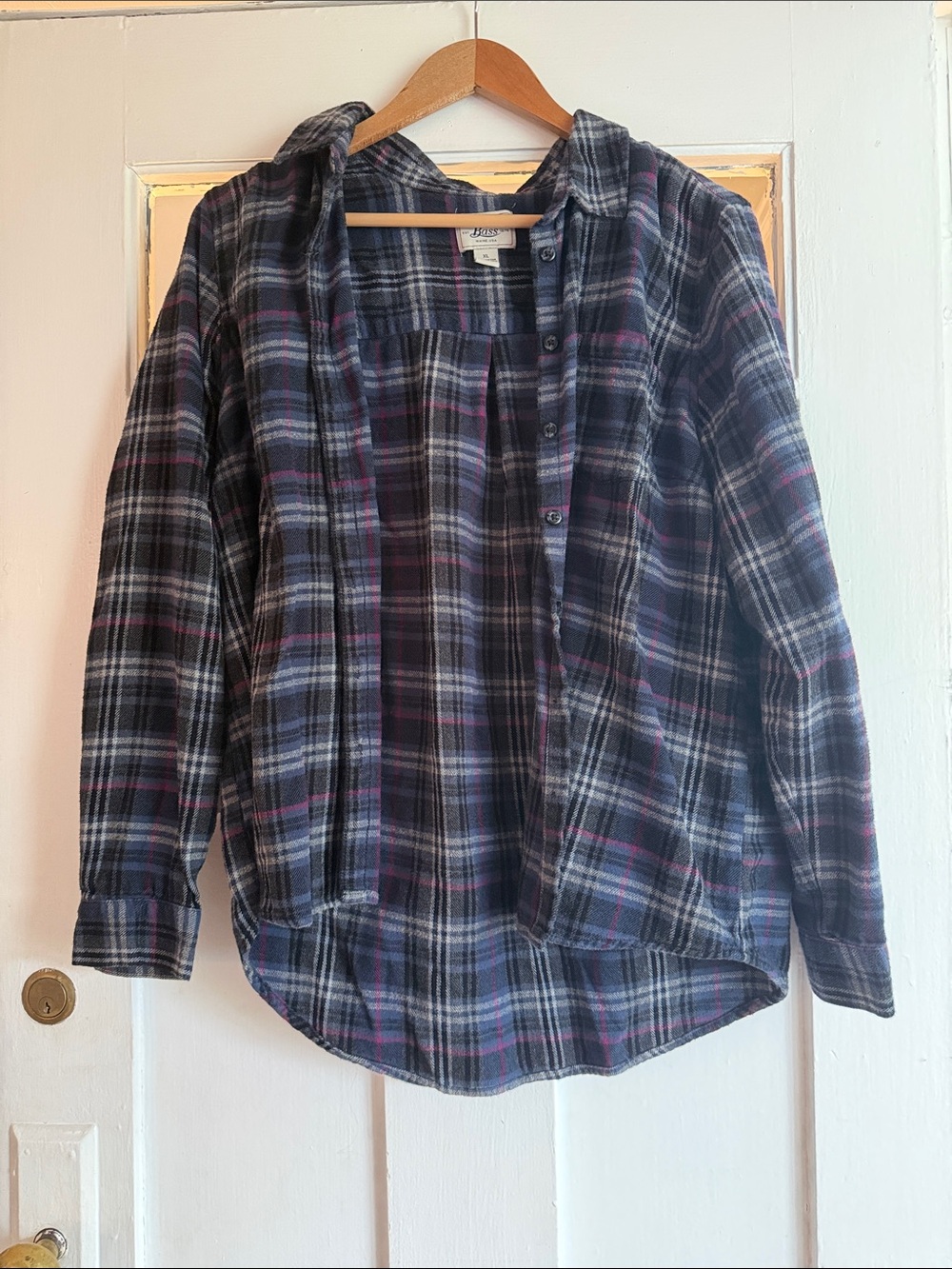 BASS Plaid Hooded Button-Up Shirt - Navy, Gray & Purple